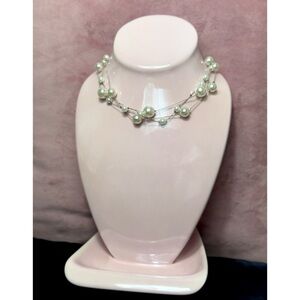 Elegant White Ivory Multi-Strand Pearl Beaded Silver Tone Choker Necklace